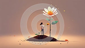 An uncomplicated illustration of a person planting a seed and watching it grow into a beautiful flower. minimal 2d