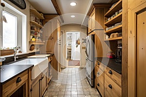 uncomplicated kitchen with efficient layout and well-stocked pantry