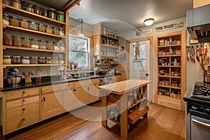 uncomplicated kitchen with efficient layout and well-stocked pantry