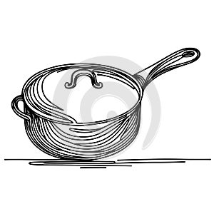 An uncomplicated but refined sketch displaying a pan equipped with a lid, handle.