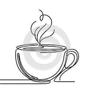 An uncomplicated sketch depicting a cup of coffee emitting steam, placed on a small plate.