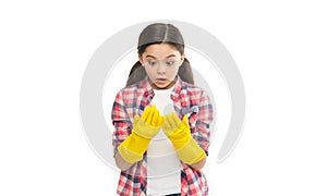 Uncompromising quality and service. Housekeeping duties. Cleaning supplies. Girl rubber gloves for cleaning white