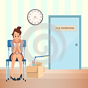 Unconfident Woman Wait Job Interview in Corridor photo