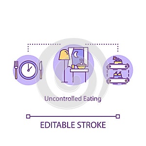 Uncontrolled eating concept icon. Mindless eating, overeating idea thin line illustration. Late night snacks, junk food