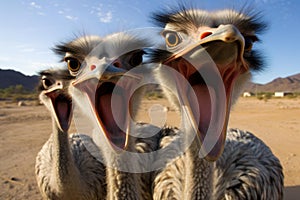 Unconventional Ostrich selfie funny head. Generate Ai