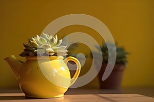 Unconventional planters: teapots to plant greenery. DIY Creative alternative Garden Pots Planters ideas. Succulents in teapots. AI