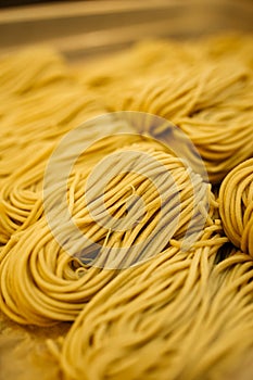 Uncoocked raw egg yellow noodles, side view, isolated in cubes