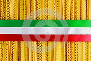 Uncooked Authenric Tripoline spaghetti pasta with italian flag style ribbons