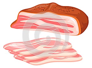 Uncooked bacon. Sliced pork fat cartoon meat