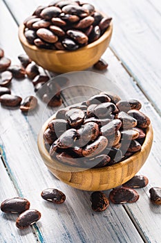 Uncooked beans in wooden bowles on kitchen table