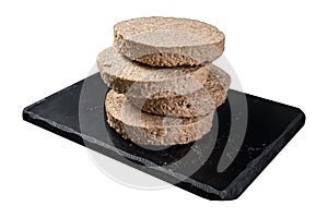 Uncooked Burgers cutlets made from plant based meat, raw vegan patties. Isolated on white background. Top view.