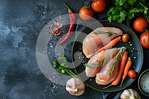 Uncooked chicken breasts surrounded by fresh vegetables