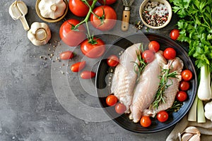 Uncooked chicken breasts surrounded by fresh vegetables