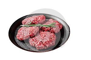 Uncooked Frikadellen from Mince beef Meat, raw meat cutlets. Isolated on white background. Top view. photo
