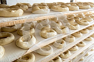 Uncooked frisella bread proving in bakery