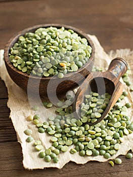 Uncooked Green Split Peas in a bowl with a spoon