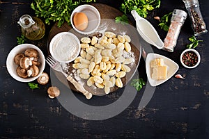 Uncooked homemade Gnocchi with a mushroom cream sauce and parsleyUncooked homemade Gnocchi with a mushroom cream sauce and parsley