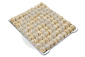 Uncooked homemade Russian dumplings on a tray isolated on white