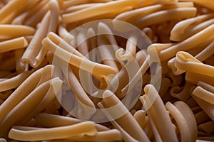 Uncooked Italian Casarecce pasta made from organic durum wheat semolina. Macaroni.