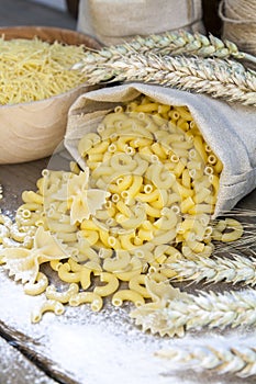 Uncooked Italian pasta Farfalle, Elbow macaroni and Fusilli