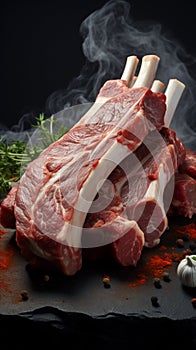 Uncooked lamb ribs positioned on a solid stone table, ready for culinary transformation