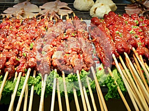 Uncooked meat skewers