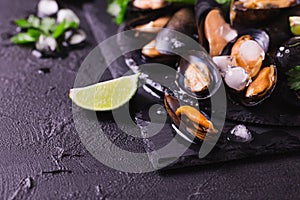Uncooked mussels on ice with cilantro and coriander