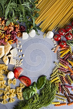 Uncooked pasta, food background