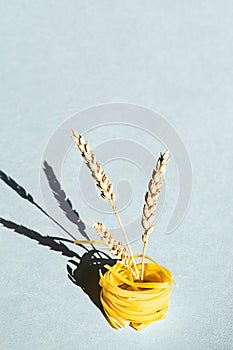 Uncooked pasta nest and ears of wheat. Creative composition of raw pasta on blue background