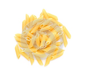 Uncooked penne pasta on white background