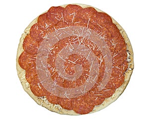 Uncooked pepperoni pizza on a white