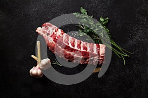 Uncooked pork ribs on dark textured background