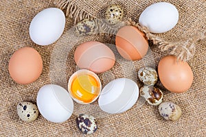 Top view of uncooked chicken and quail eggs on sackcloth photo