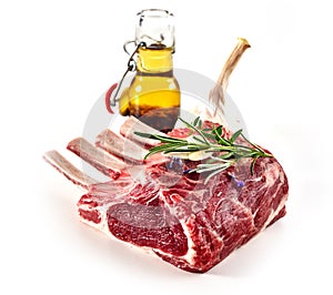 Uncooked rack of lamb with rosemary and oil