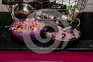 Uncooked Raw Chicken and Fish Meat in a Bowl