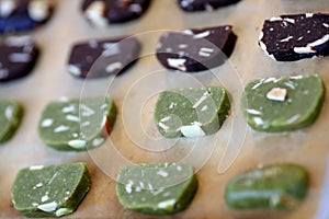 Uncooked/raw green tea and brown chocolate cookie dough arranged on baking sheet/paper.