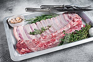 Uncooked raw rack of lamb ribs in baking dish with herbs. White background. Top view