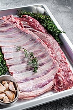 Uncooked raw rack of lamb ribs in baking dish with herbs. White background. Top view