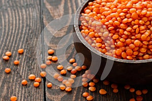 Uncooked raw red lentil in wooden shovel or bowl on wooden background