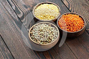 Uncooked raw red, yellow and green lentil in bowl on wooden background