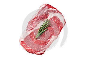 Uncooked raw Rib eye Steak, ribeye beef meat on butcher cleaver with herbs. Isolated on white background.