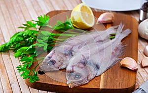 Uncooked roosterfish with greens and garlic on wooden board