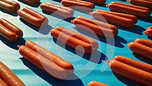 Uncooked sausages neatly arranged on a vibrant blue background