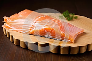 uncooked scalloped edge cedar plank holding salmon fillet