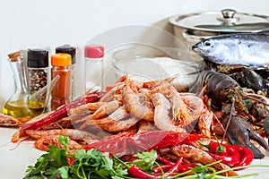 Uncooked seafoods in kitchen