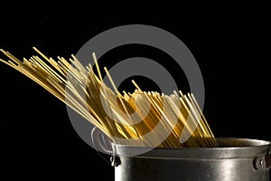 Uncooked spaghetti in a pot