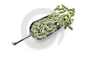 Uncooked spinach gemelli pasta