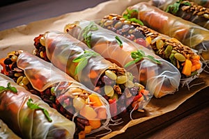 uncooked spring rolls on a parchment paper