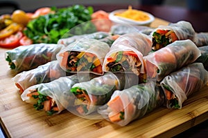 uncooked spring rolls on a parchment paper