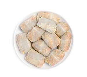 Uncooked stuffed cabbage rolls on white background, top view
